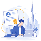 Consultant working at a laptop beside a Dubai skyline